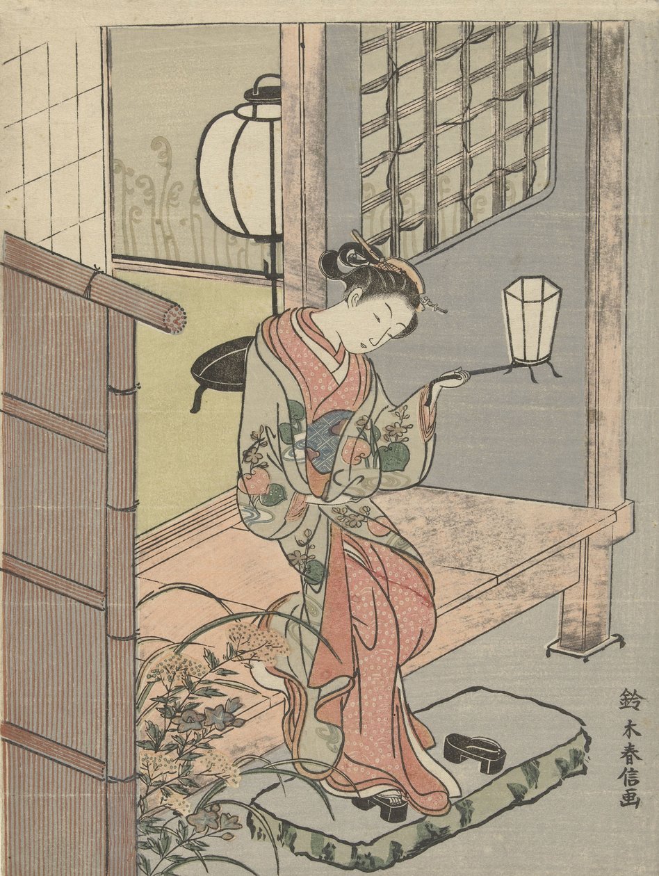 灯笼的年轻女子，1765-70（彩色木刻） 作者 铃木春信