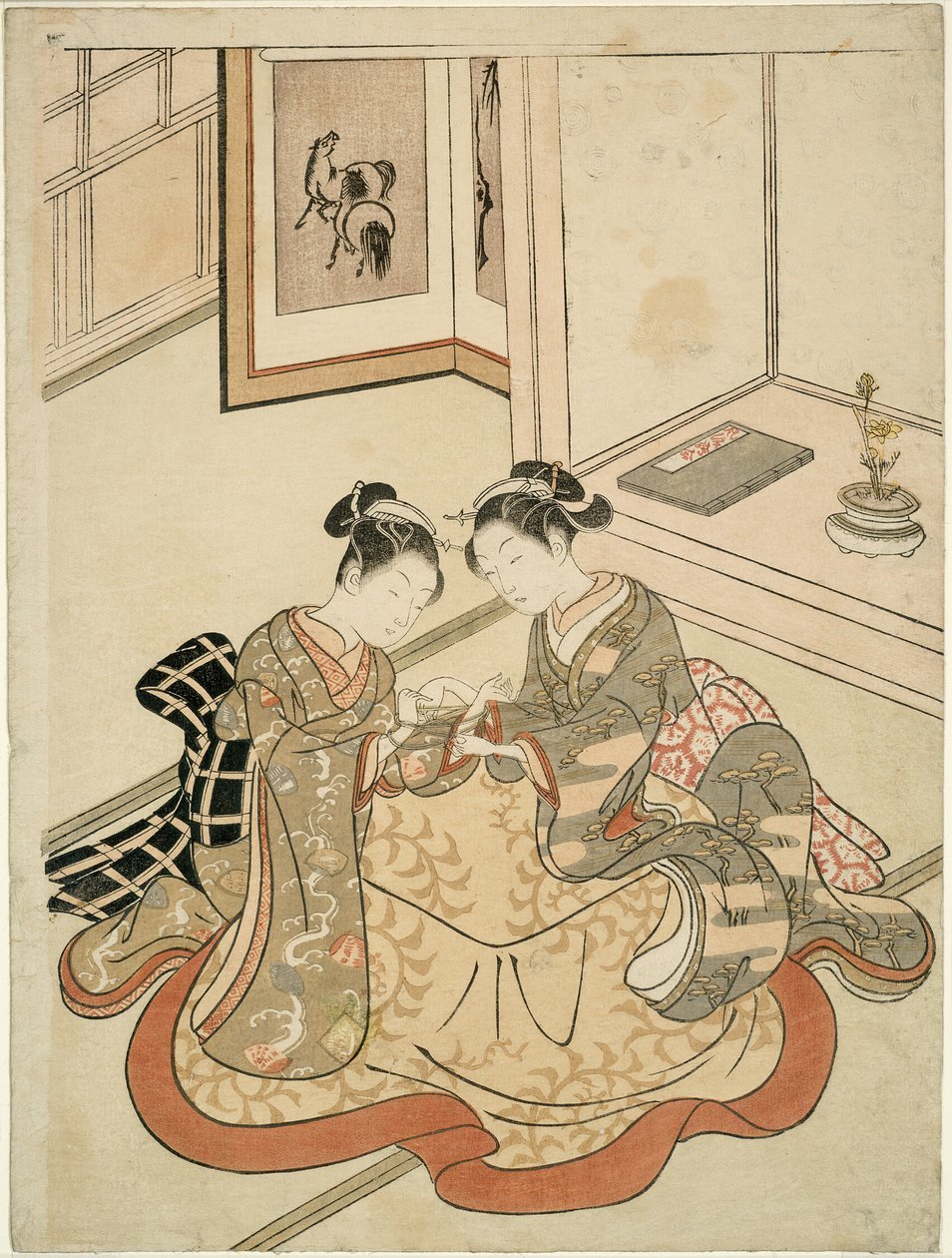 玩猫摇篮游戏的年轻女性 作者 铃木春信
