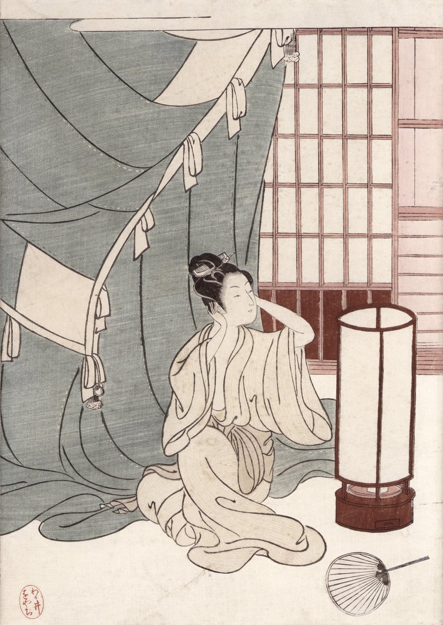年轻女子跪在她的蚊帐，1766年（彩色木版画） 作者 铃木春信