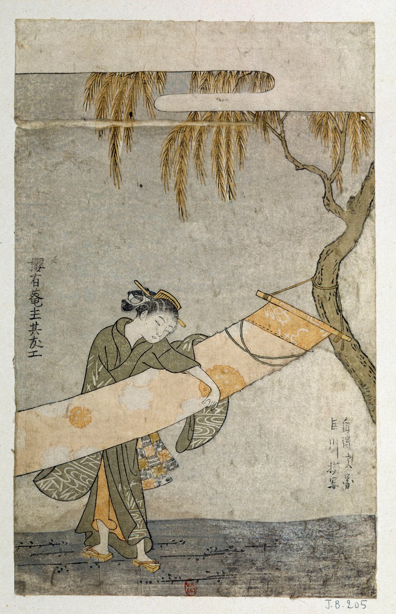 年轻女子在照料附着在树上的柿子。铃木春信（1725-1770）的日本版画。 作者 铃木春信