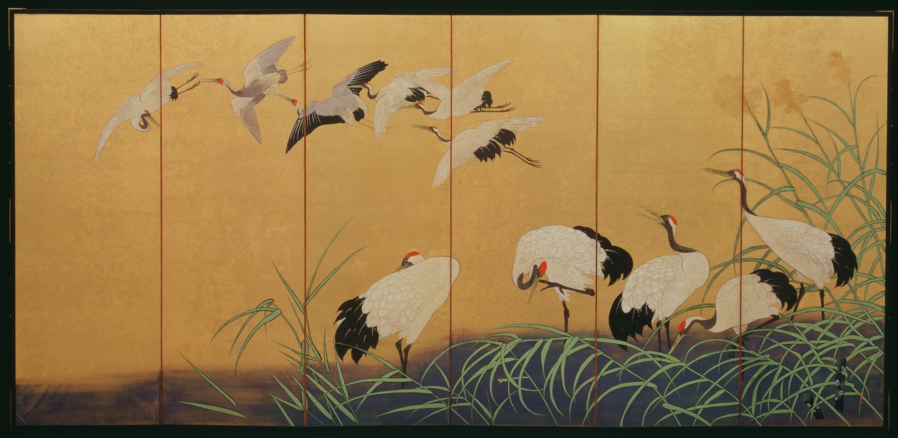 六重屏幕描绘芦苇和起重机，江户时代，日本，19世纪（镀金丝绸上的颜色） 作者 铃木纪津