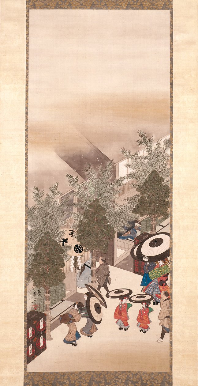 吉原与品川（丝绸、设色、描金） 作者 铃木纪津