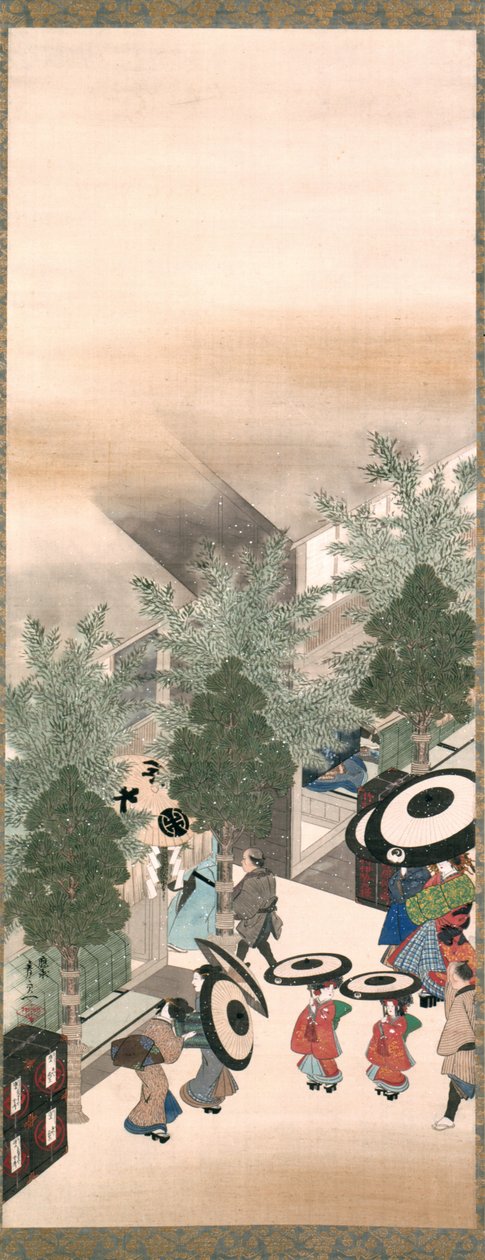 吉原和品川，江户时代（绢本水墨、彩色和金色） 作者 铃木纪津