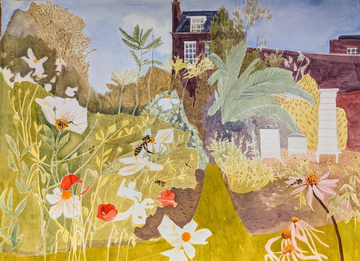 蜜蜂爱鲜花，鲜花爱蜜蜂，2021 年（纸上水彩画） 作者 