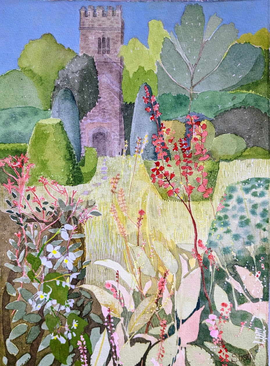 花园中的中世纪塔楼，达廷顿，2022 年（纸面水彩画） 作者 