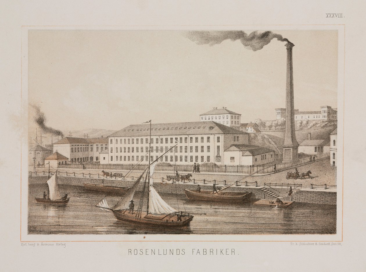 ‘Rosenlunds Fabriker’（Rosenlunds 工厂），Rosenlunds，斯德哥尔摩，瑞典，约 1840 年（彩色石版画） 作者 瑞典学校