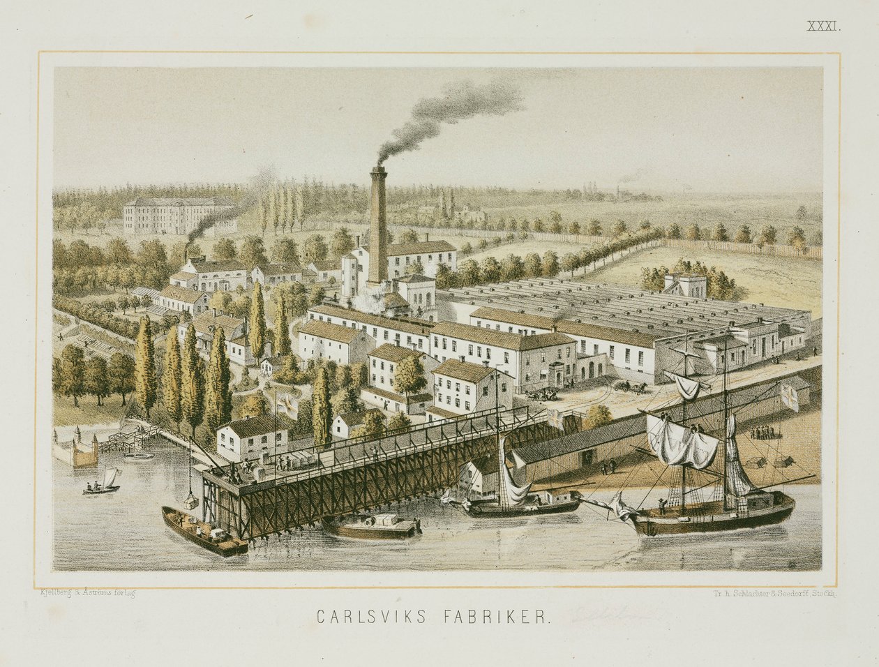 瑞典斯德哥尔摩Carlsviks的纺织厂，约1840年（彩色平印）。 作者 瑞典学校