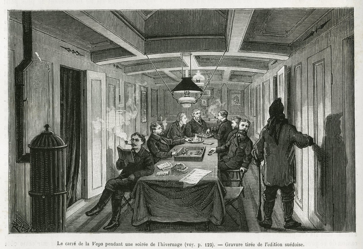 The square of La Vega, during a winter evening, and the activities of the crew: reading, chess and backgammon games, as well as liqueur tasting. Engraving from the Swedish edition, to illustrate the story “” Voyage de la Vega around Asia and Europe”, by Ni 作者 瑞典学校