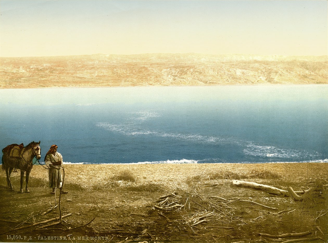 东望摩押的死海的视图，c.1880-1900（photochrom） 作者 瑞士摄影师