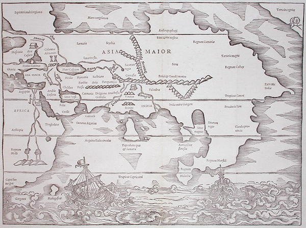 马约尔亚洲，摘自凯乌斯-朱利叶斯-索利努斯的《多史书，Rerum toto orbe memorabilium...》，1543年巴塞尔出版（木刻）。 作者 瑞士学校