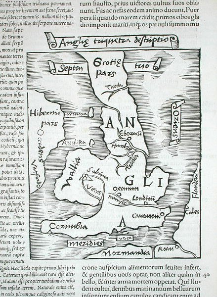 不列颠群岛，摘自凯厄斯-朱利叶斯-索利努斯的 "Polyhistor, rerum toto orbe memorabilium..."，1543年巴塞尔出版（木刻）。 作者 瑞士学校