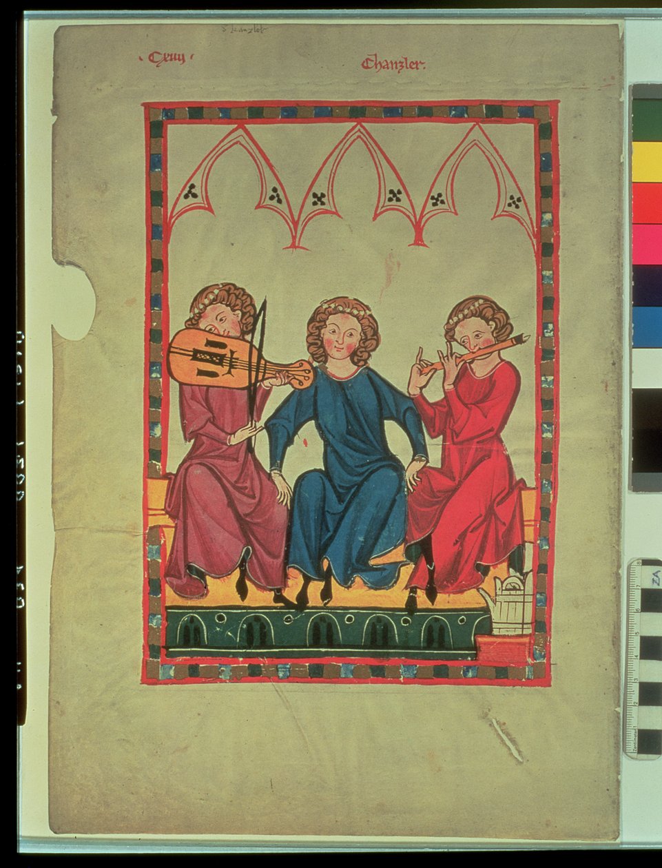 音乐家，来自Manasse Codex，一系列宫廷情歌，c.1300-20 作者 瑞士学校