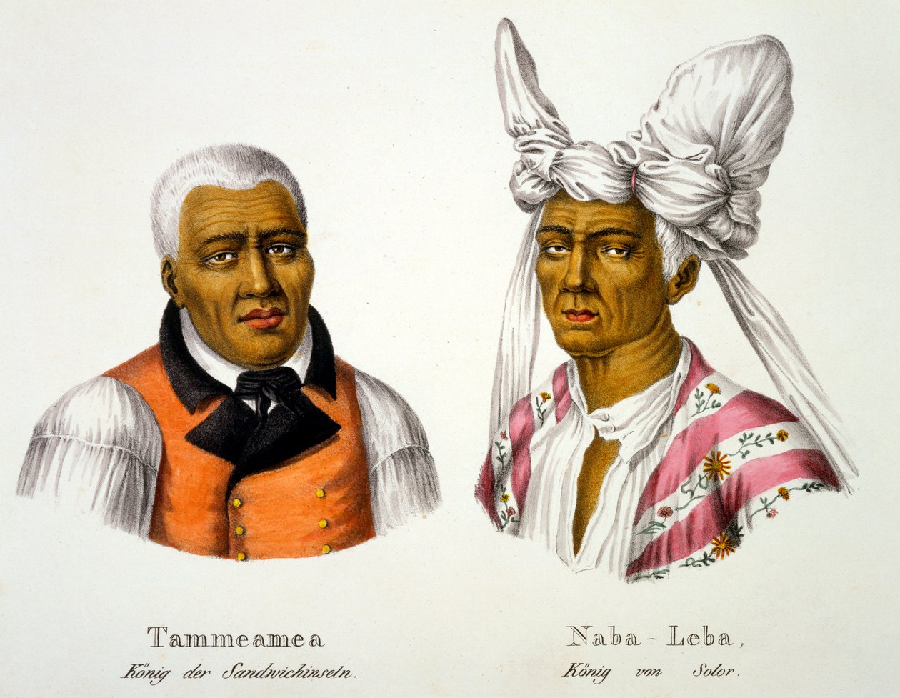 Tammeamea，三明治群岛之王，穿着欧洲风格的Naba-Leba，Solor之王，穿着本土头饰和欧洲服饰，来自不同大陆的各种种族的民族学研究 作者 瑞士学校