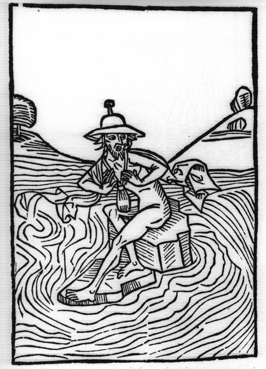 The legend of Saint Brendan (Brandan), heros and Irish saint of the 6th century: The encounter with Judas suffering from many torments. Engraving of “” Die Wunderbare Meerfahrt des Hl. Brandan.” Bale 作者 瑞士学校
