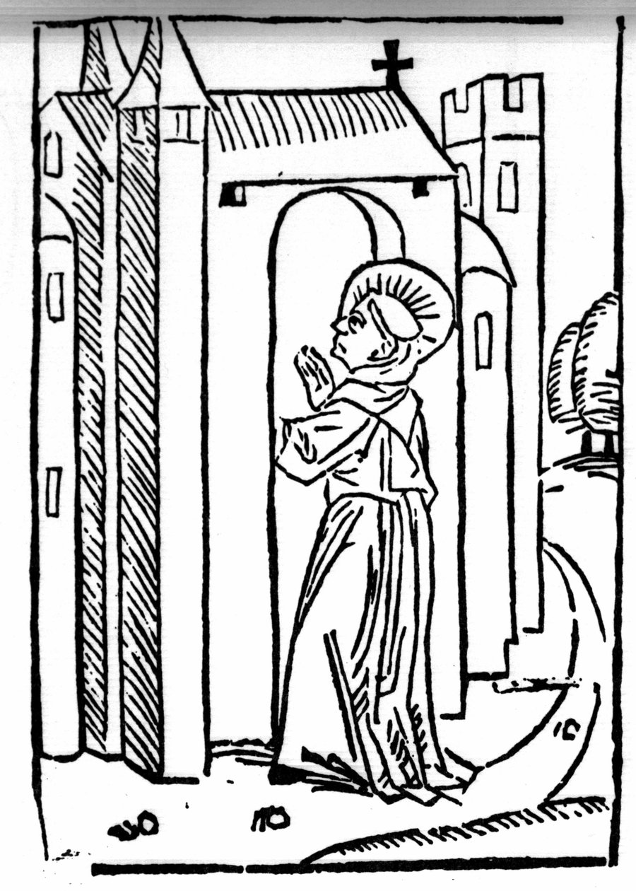 The legend of Saint Brendan (Brandan), heros and Irish saint of the 6th century. The return of the saint has his monastery. Engraving of “” Die Wunderbare Meerfahrt des Hl. Brandan.” Bale 作者 瑞士学校