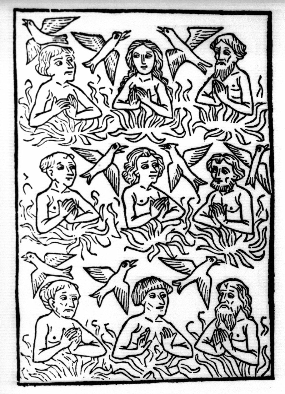 The legend of Saint Brendan (Brandan), heros and Irish saint of the 6th century: The fires of Purgatory and the firebirds. Engraving of “” Die Wunderbare Meerfahrt des Hl. Brandan.” Bale 作者 瑞士学校