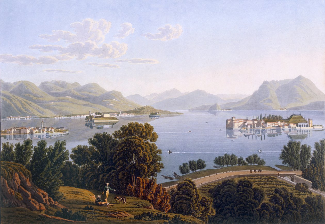 马焦雷湖和波罗米亚群岛的景色，1819年。 作者 瑞士学校