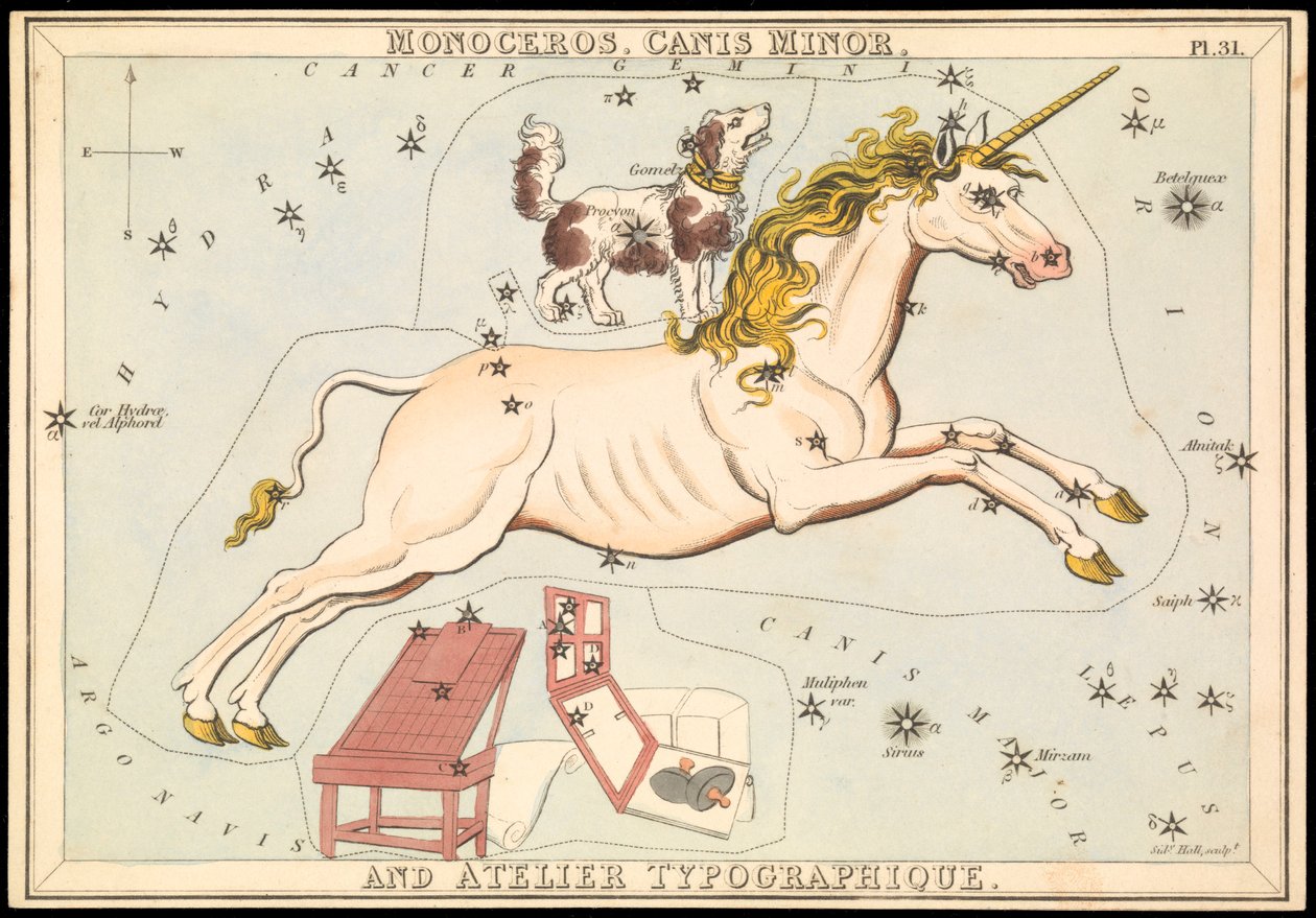 Monoceros、Canis Minor 和 Atelier Typographique，约 1825 年（卡片、纸、纸巾） 作者 悉尼音乐厅
