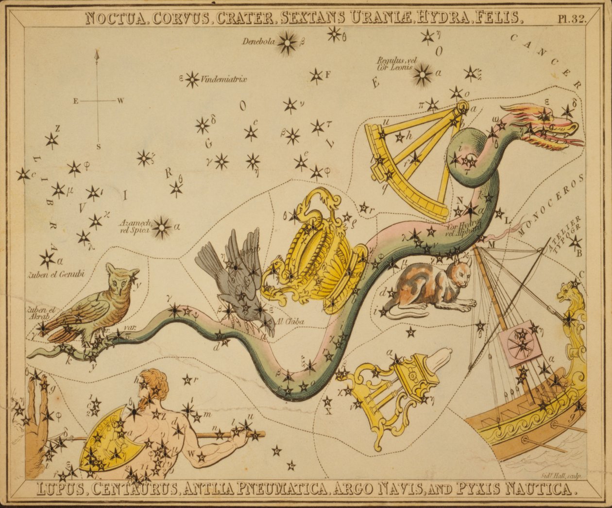 Noctua, Corvus, Crater, Sextans Uraniæ, Hydra, Felis, Lupus, Centaurus, Antlia Pneumatica, Argo Navis, and Pyxis Nautica, 插图来自《天王星的镜子》。 作者 悉尼音乐厅