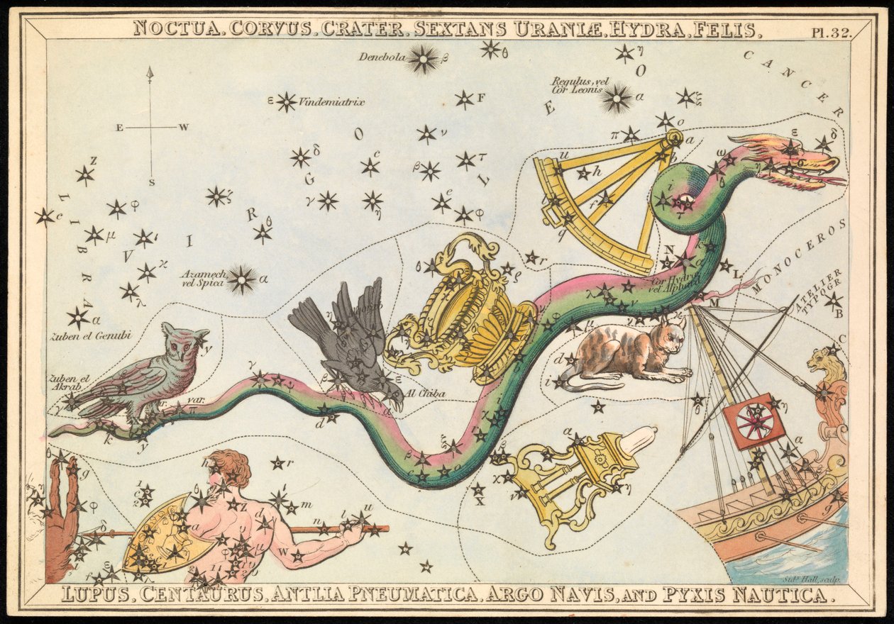 Noctua、Corvus、Crater、Sextans Uraniae、Hydra、Felis、Lupus、Centaurus、Antilia Pnuematica、Argo Navis 和 Pysix Nautica，约 1825 年（卡片、纸张、纸巾） 作者 悉尼音乐厅