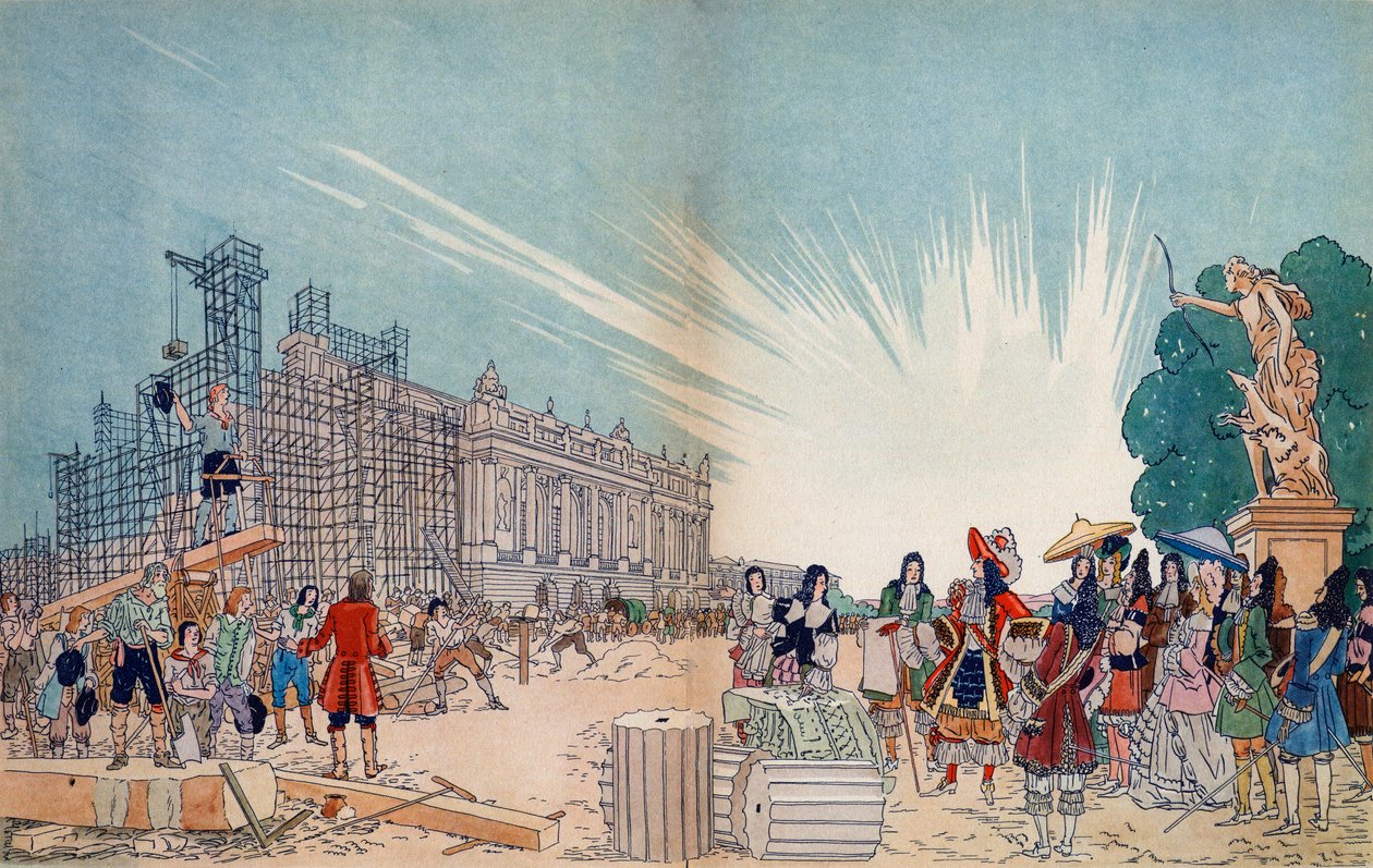 按照Jules Hardouin Mansart的计划，在1678年建造凡尔赛城堡，前景是法国国王路易十四 - 插图由Sylvain Sauvage（1888-1948）为 作者 西尔万·索瓦奇