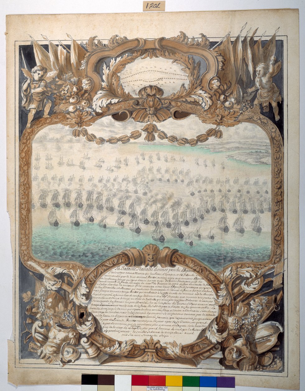 1676 年 4 月 22 日在阿古斯特附近进行的海战（黑色墨水和纸上水彩绘图笔） 作者 西尔文帽