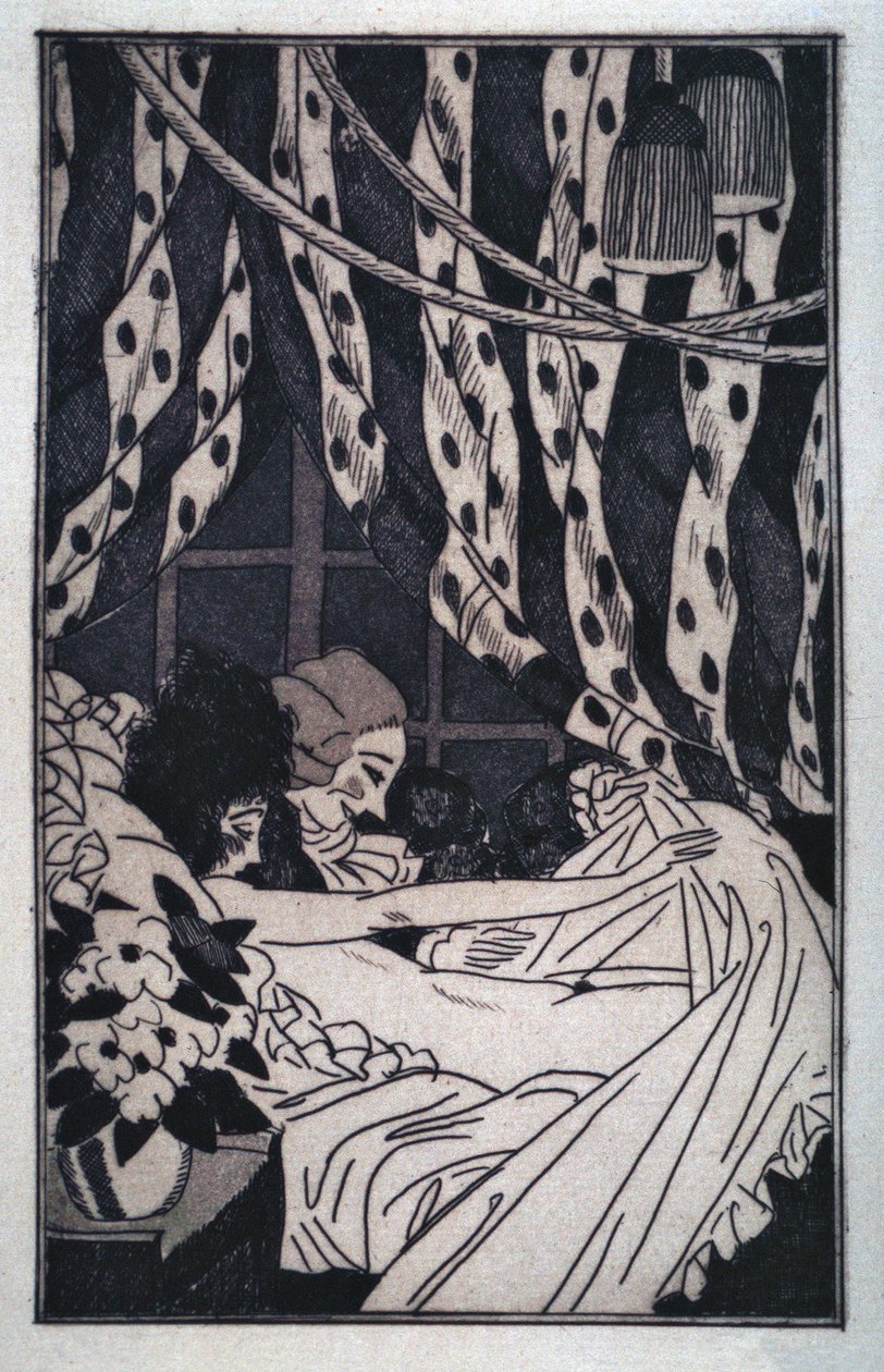情色：贾科莫-卡萨诺瓦（Giacomo Casanova，1725-1798 年）掀开床单欣赏他的裸体情妇，20 世纪初（蚀刻版画） 作者 西尔万·索瓦奇
