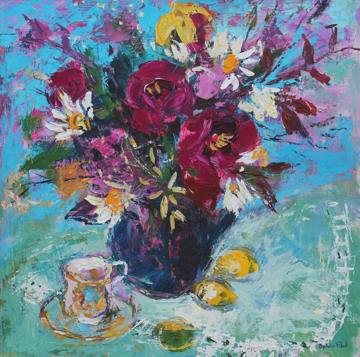 与茶杯的静物画，2013年，油在船上 作者 西尔维娅·保罗