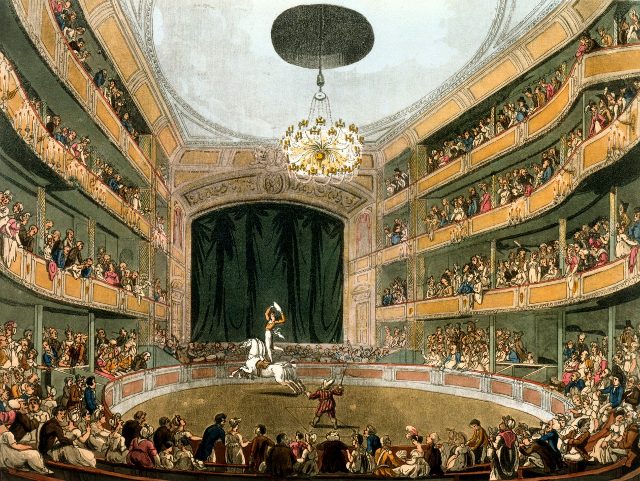 阿斯特利的Ampitheatre，来自阿克曼的艺术资料库，1808年（手工彩色的aquatint） 作者 普金和罗兰森