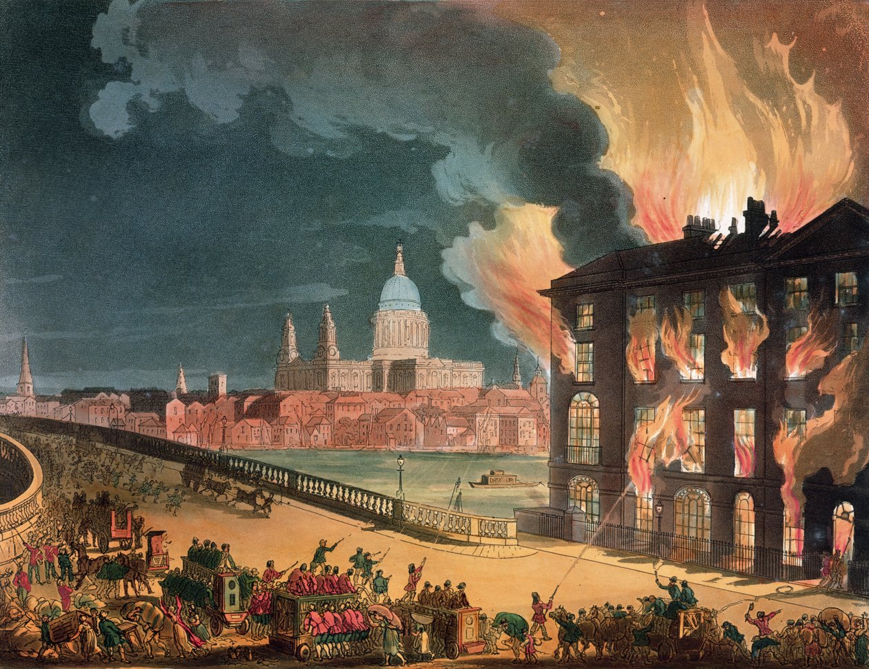 来自Ackermann的“伦敦微观世界”的Albion Mill，Blackfriars Bridge的火灾c.1808-11 作者 普金和罗兰森
