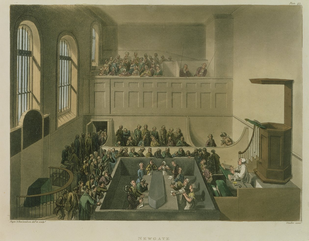 Newgate Chapel，由Joseph Constantine Stadler（fl.1780-1812）酒吧刻。作者：R. Ackermann，1809（aquatint） 作者 普金和罗兰森