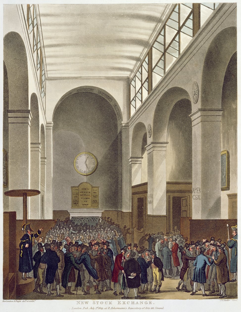 新的股票交易所，巴塞洛缪巷，来自阿克曼的“伦敦微观世界”，于1809年出版（彩色aquatint） 作者 普金和罗兰森