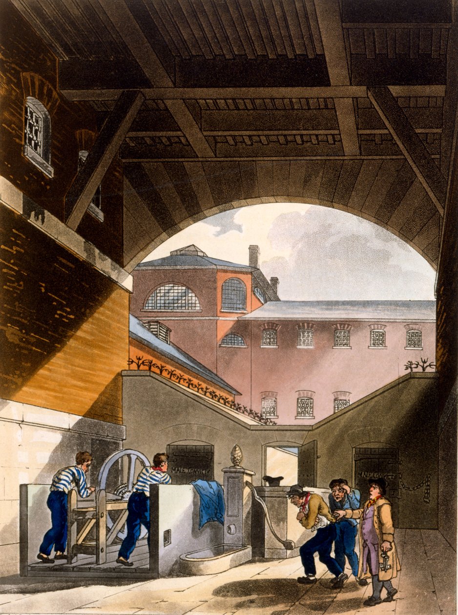 Water Engine，Coldbath Fields Prison，来自Ackermann的“艺术知识库”，1808年（手工彩色aquatint） 作者 普金和罗兰森
