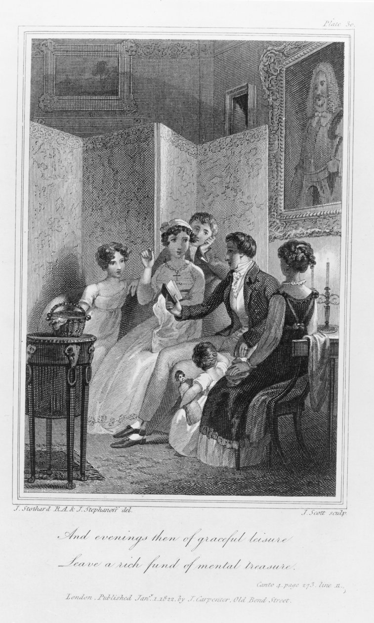 家庭场景 - 绘画室的晚上，来自Peter Coxe的&39;The Social Day&39;，由J. Scott雕刻，1822年出版 作者 T.和Stephanoff，J. Stothard