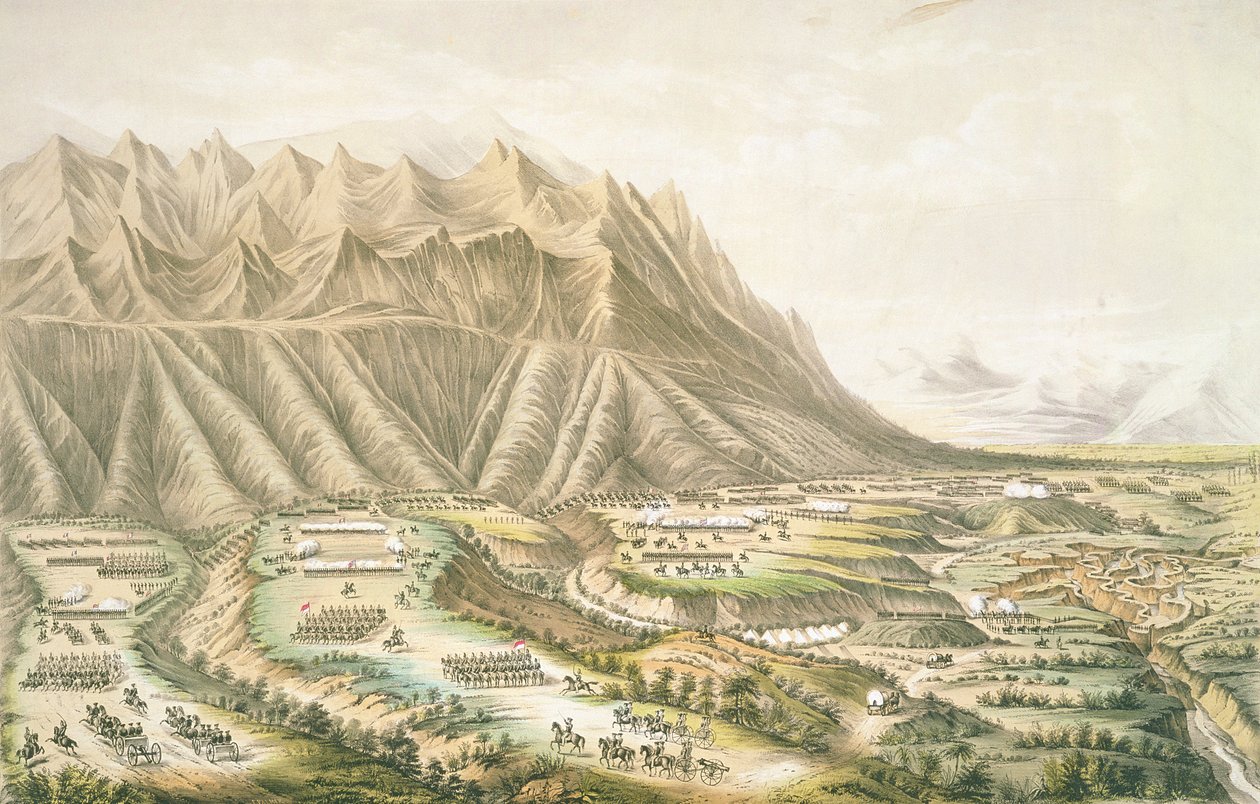 1847年2月23日，墨西哥布埃纳维斯塔附近的布埃纳维斯塔战役，战斗场观和“Angostura”战斗（彩色光刻） 作者 帕尔默（T. Palmer）