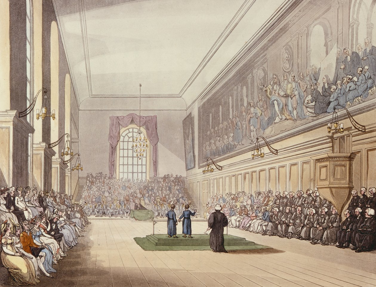The Hall，Blue Coat School，来自“Ackermann”的伦敦微观世界“，由J. Hill撰写，1808年 作者 罗兰森