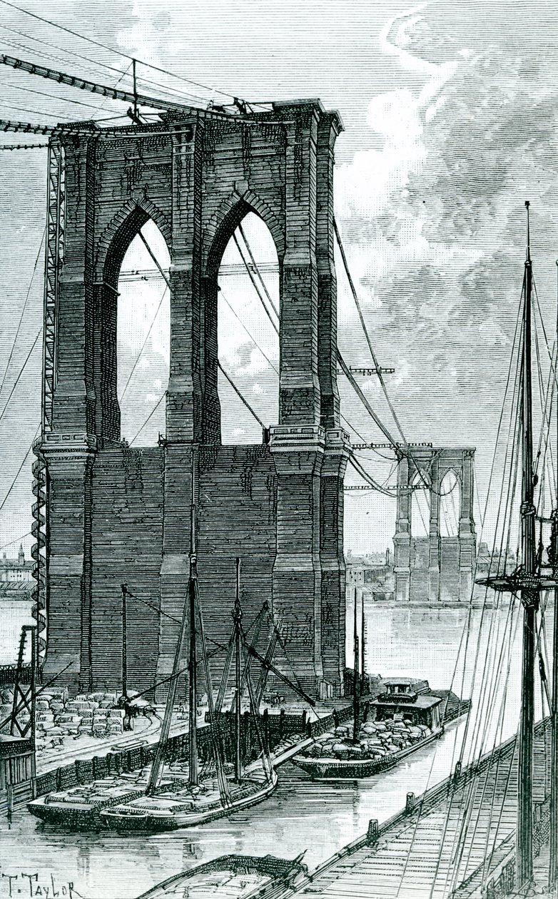 布鲁克林大桥正在建设中，照片后画，1878年 作者 泰勒