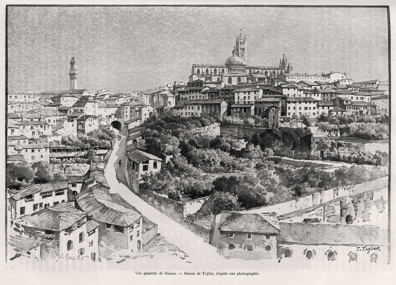 锡耶纳（意大利）全景。 泰勒雕刻以说明尤金·蒙茨（1845-1902 年）在巴黎阿歇特的 Edouard Charton（1807-1891 年）执导的 Le tour du Monde 中的故事“A travers la Tuscane”。 作者 泰勒