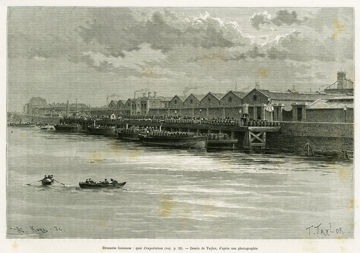 Guinness Brewery, export dock. Engraving by Taylor, to illustrate the story Trois mois en Irlande, in 1889, by Marie Anne de Bovet, in le tour du monde 1890, directed by Edouard Charton (1807-1890), Hachette, Paris. 作者 泰勒