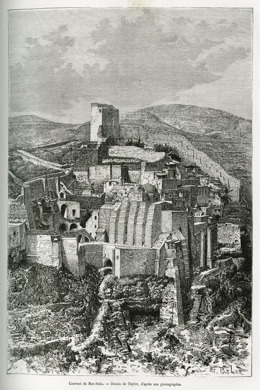 马-萨巴（Mar Saba）（巴勒斯坦）的修道院。泰勒的雕刻作品，用来说明今天叙利亚的故事，由里昂医学院院长M.Lortet创作，他被公共教育部委以科学使命，发表在《Tou》上。 作者 泰勒