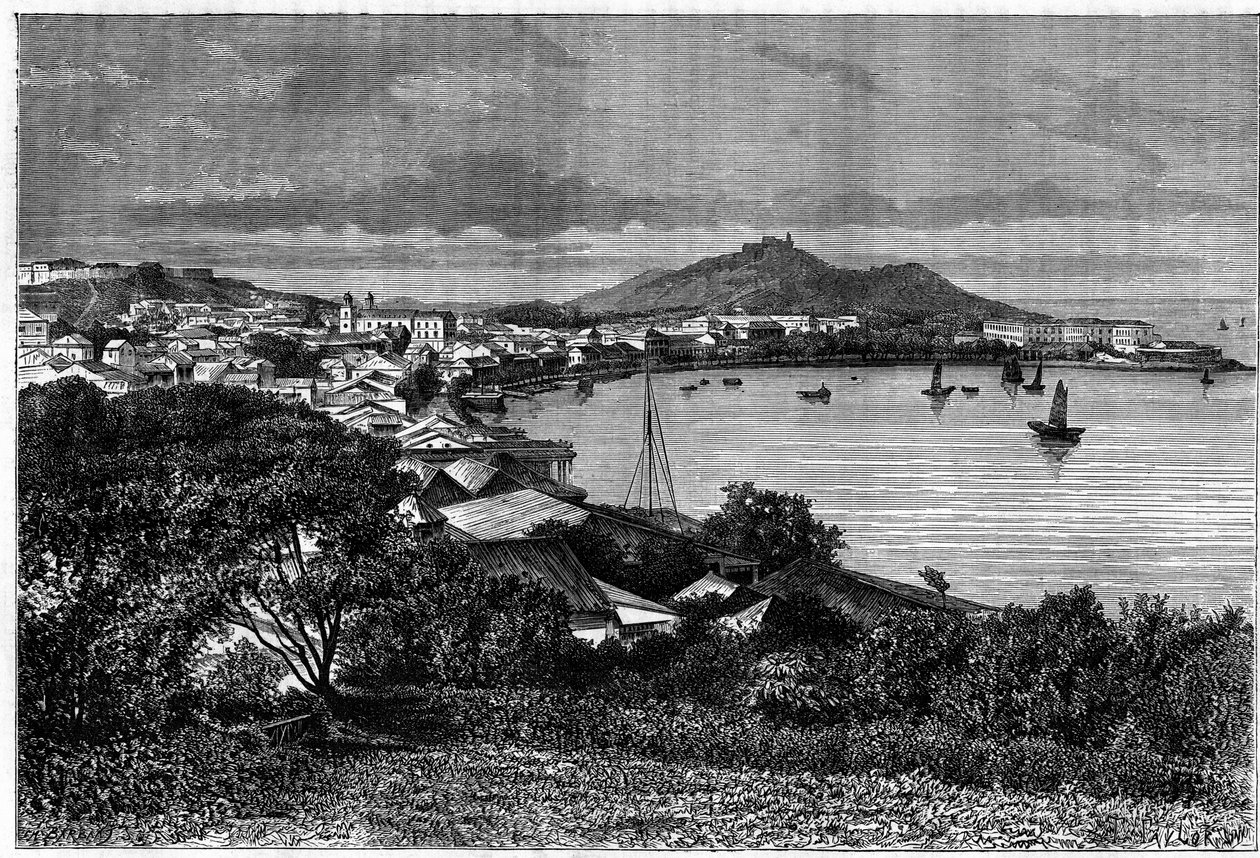 澳门湾的景色。根据泰勒的画作进行的雕刻，载于 "Le Tour du Monde, Nouveau journal des Voyages"，由Edouard Charton编著，巴黎。 作者 泰勒