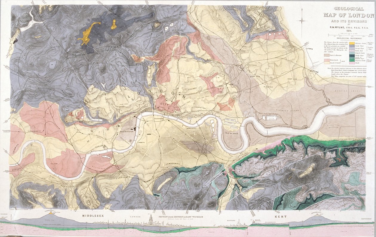 伦敦及周边地区的地质图，1871年 作者 沃尔什