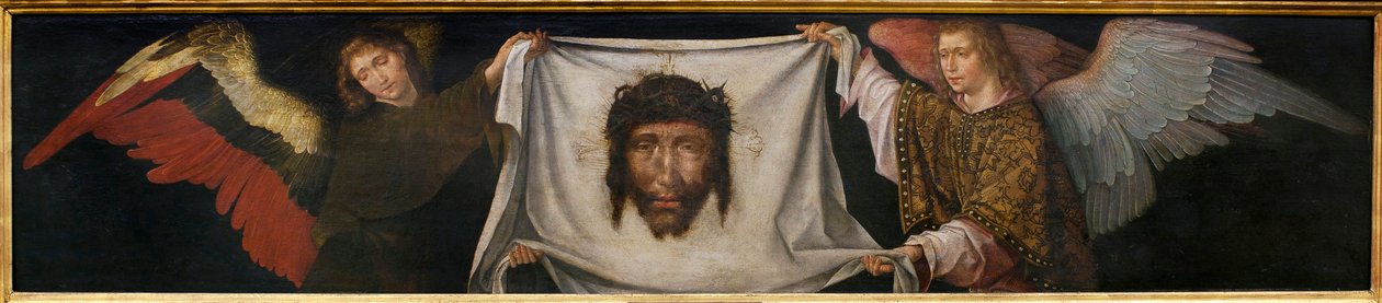 携带圣衣的天使 - Frere Carlos（佛兰芒画家活跃于 1517-1544 年）工作室的绘画，木头油彩，大约 1520-1530 年（带有圣面的天使，由卡洛斯修士的工作室制作，面板上的油彩，大约 1520-1530) - 埃沃博物馆 作者 塔博达·弗拉姆·弗雷·卡洛斯（Taborda Vlame Frey Carlos）