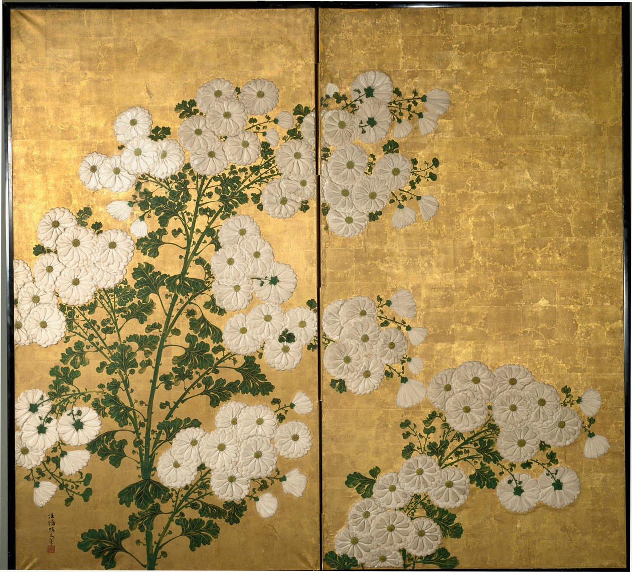 屏风面板上饰有花朵。 C。 1840年（金箔漆画） 作者 Tabukun Hokio