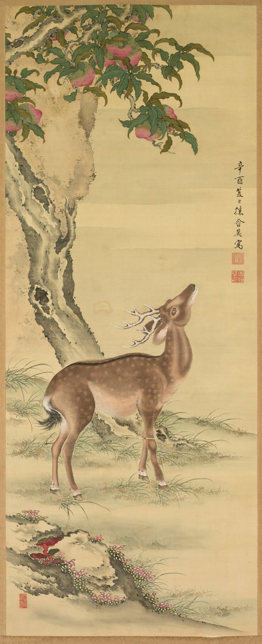 长寿象征：桃松鹿、挂轴一对 作者 户田忠中