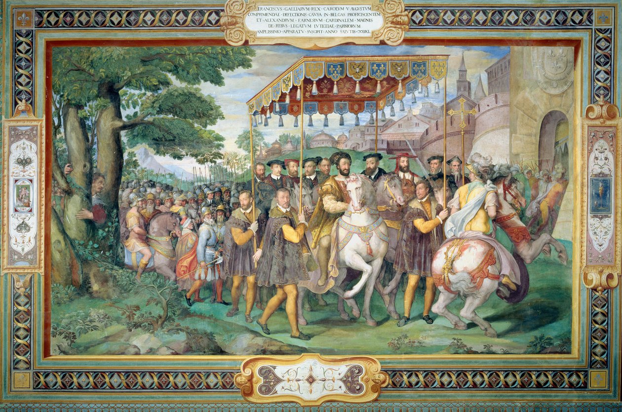 Francis I（1494-1547）和Alessandro Farnese（1546-92）于1540年进入巴黎，来自&39;Sala dei Fasti Farnese&39;（法尔内塞的辉煌殿堂）1557-66 作者 费德里科·祖卡罗