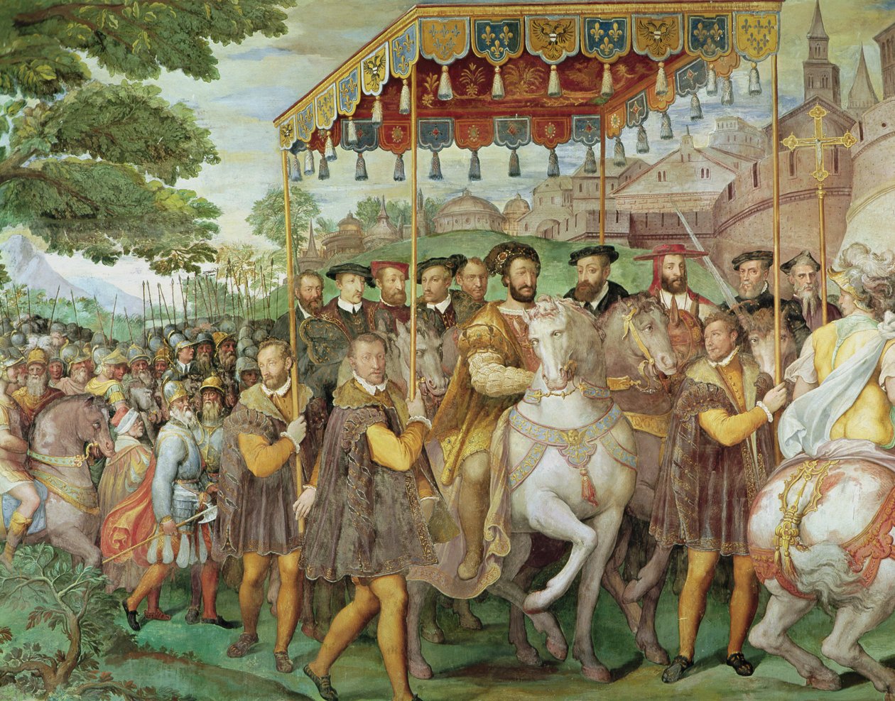 1540年皇帝查理五世（1500-58），弗朗西斯一世（1494-1547）和亚历山德罗法尔内塞（1546-92）至巴黎的庄严入口，来自&39;Sala dei Fasti Farnese&39;，1557-66（详情为133347，看到 作者 费德里科·祖卡罗