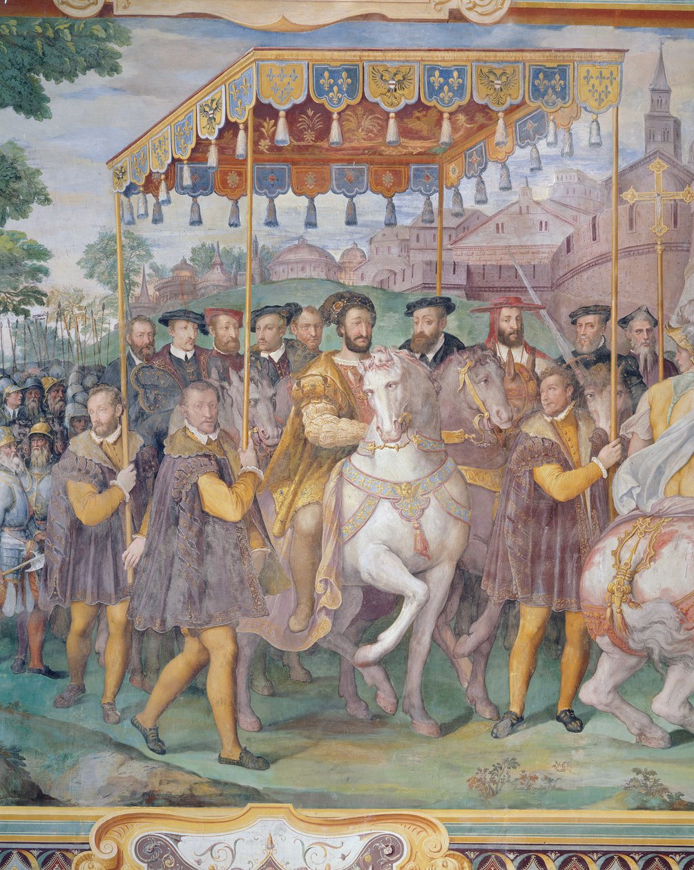 1540年皇帝查理五世，弗朗西斯一世和亚历山德罗法尔内塞庄严的入口，来自&39;Sala dei Fasti Farnese&39;，1557-66 作者 费德里科·祖卡罗