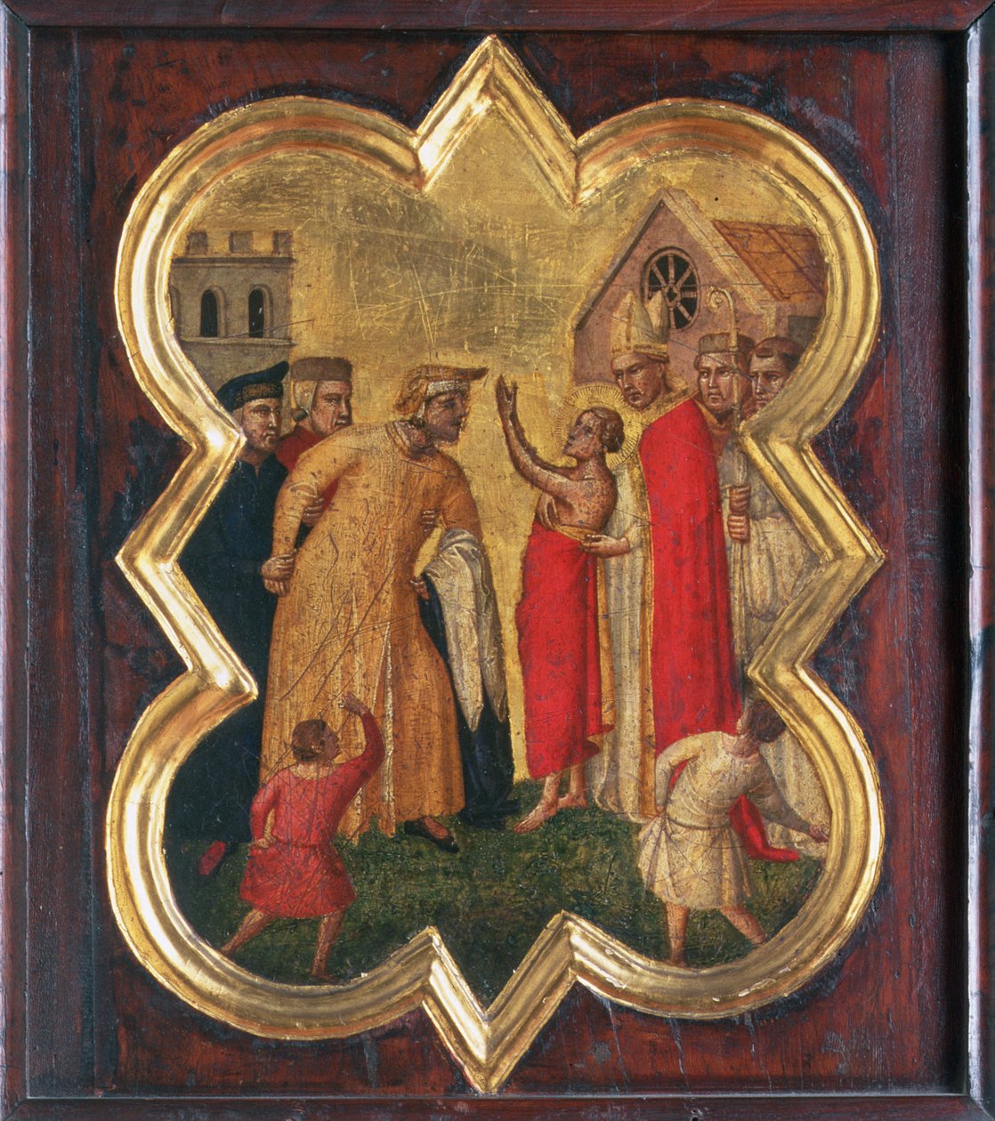 主教前的圣弗朗西斯（面板上的蛋彩画） 作者 塔迪奥·加迪（Taddeo Gaddi）