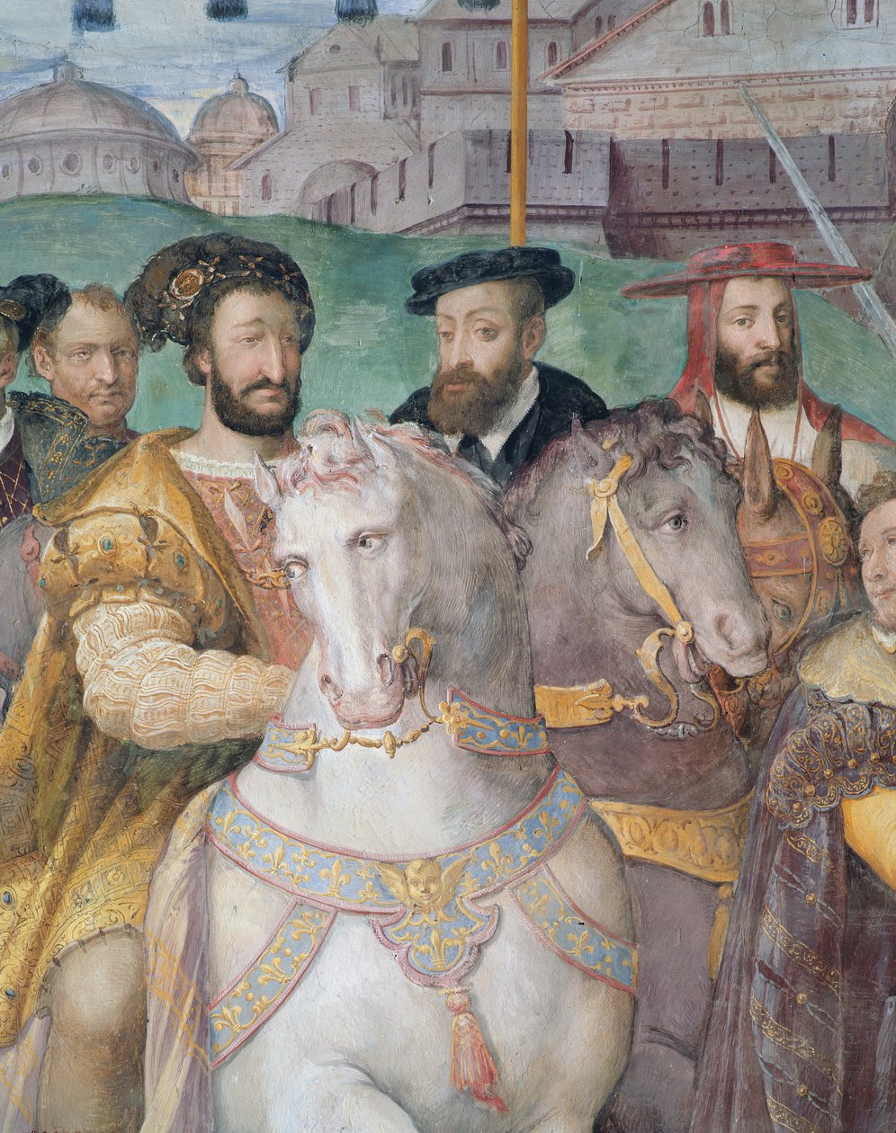 1540年皇帝查理五世，弗朗西斯一世和亚历山德罗法尔内塞庄严入口的细节，来自Sala dei Fasti Farnese，1557-66 作者 塔迪奥·祖卡里（Taddeo Zuccari）